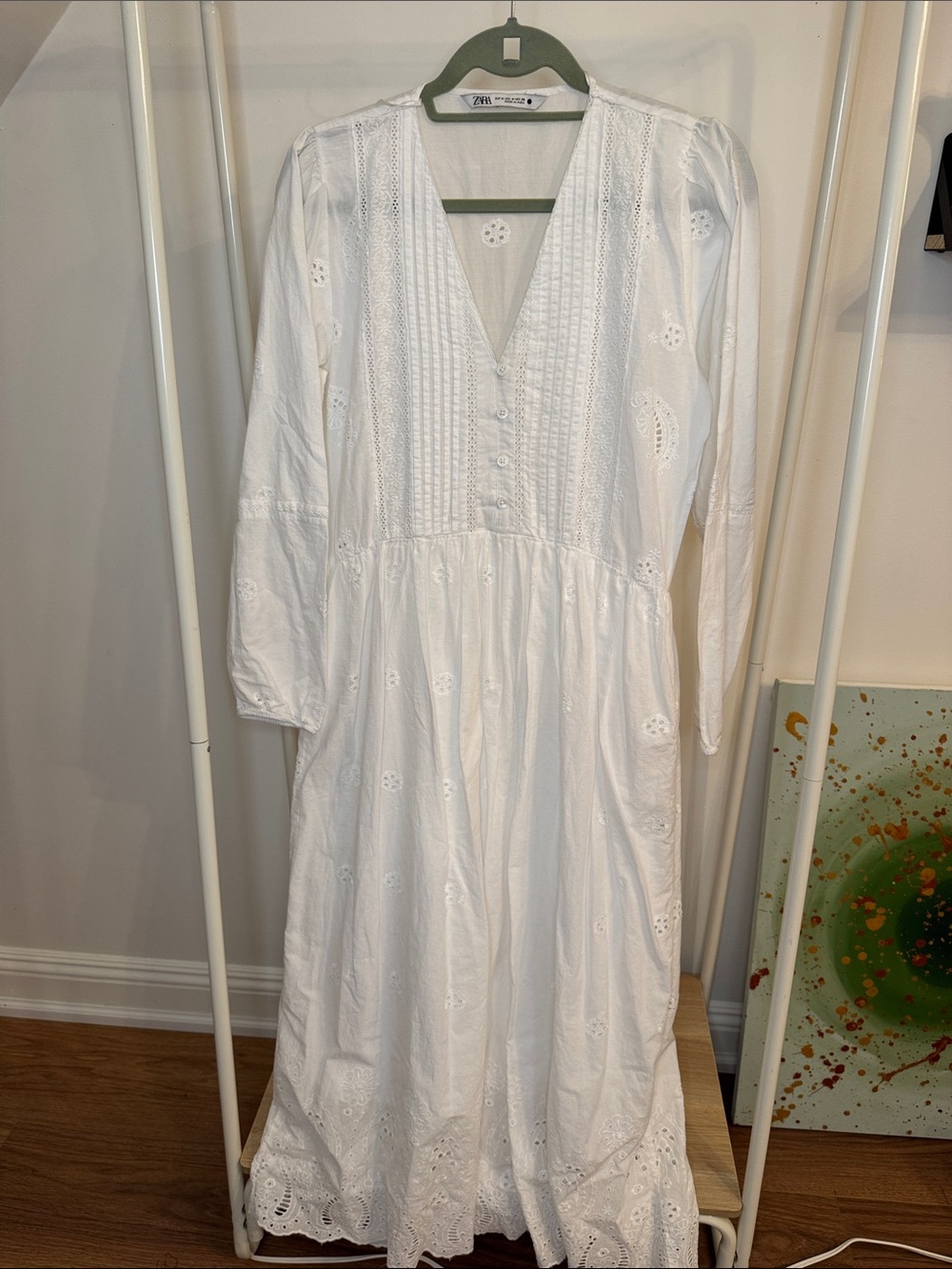 Zara 100% Cotton White Eyelet V-Neck Maxi Dress with Pintuck Detail size M